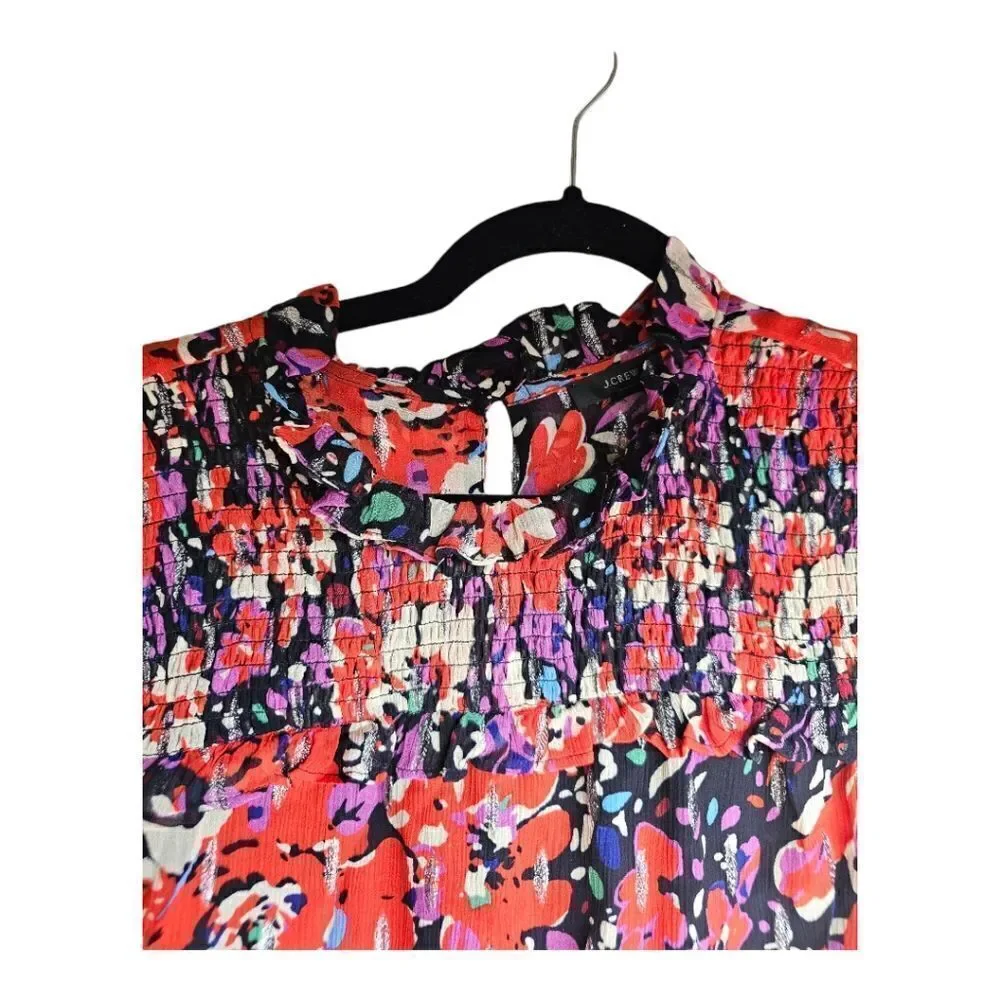 J CREW Smocked Popover‎ Top in Lurex Dot Floral Print - Size Medium